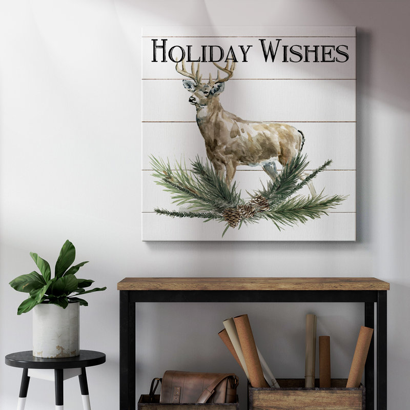 «Holiday Wishes Deer» - Toile tendue avec châssis de qualité supérieure - prête à être accrochée