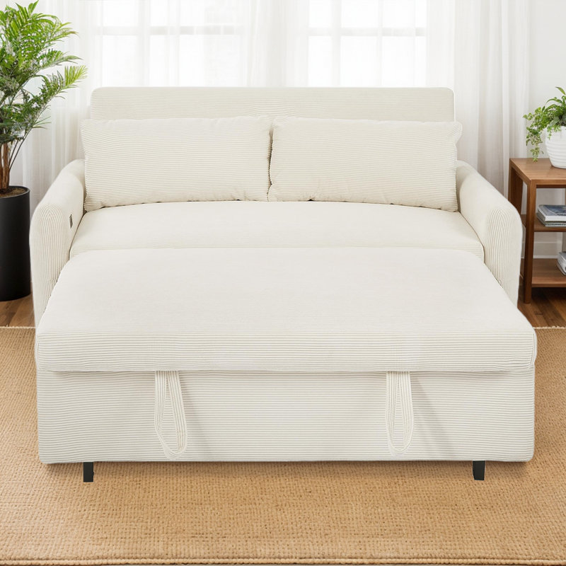 Modern 57" Pull-Out Sleeper Sofa Bed – Convertible 2-Seater Loveseat With USB Ports & Throw Pillows, Beige