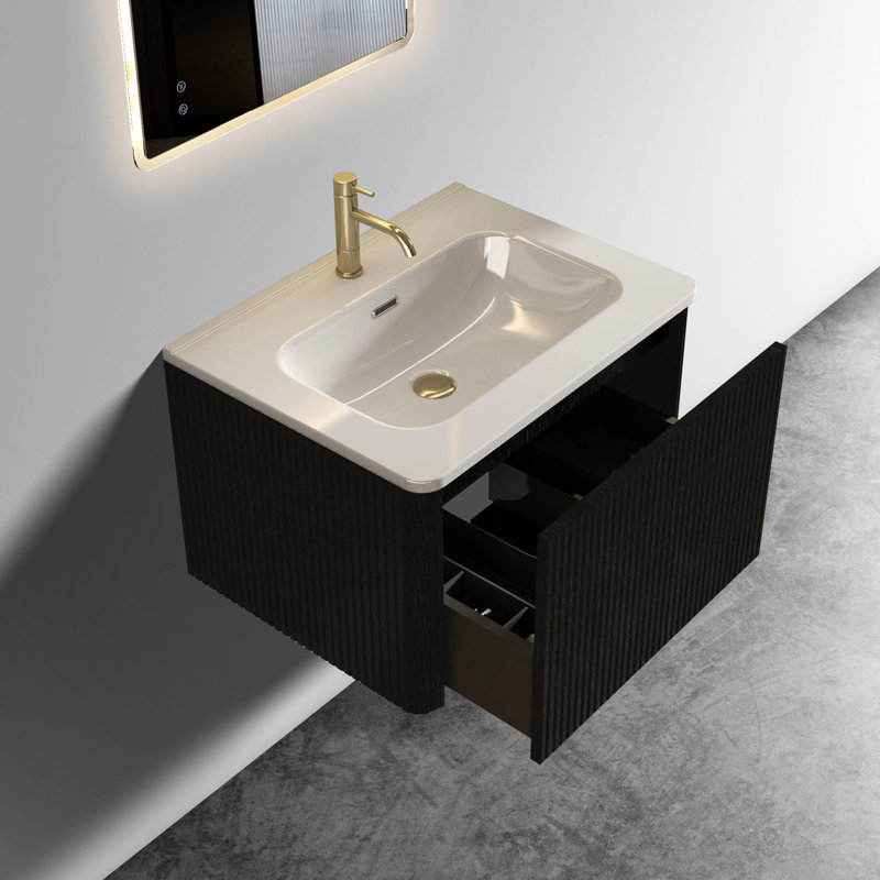 Meuble-lavabo de salle de bain 24 po - Chêne noir rayé, lavabo en céramique blanche, texture pratique en chêne, élégance