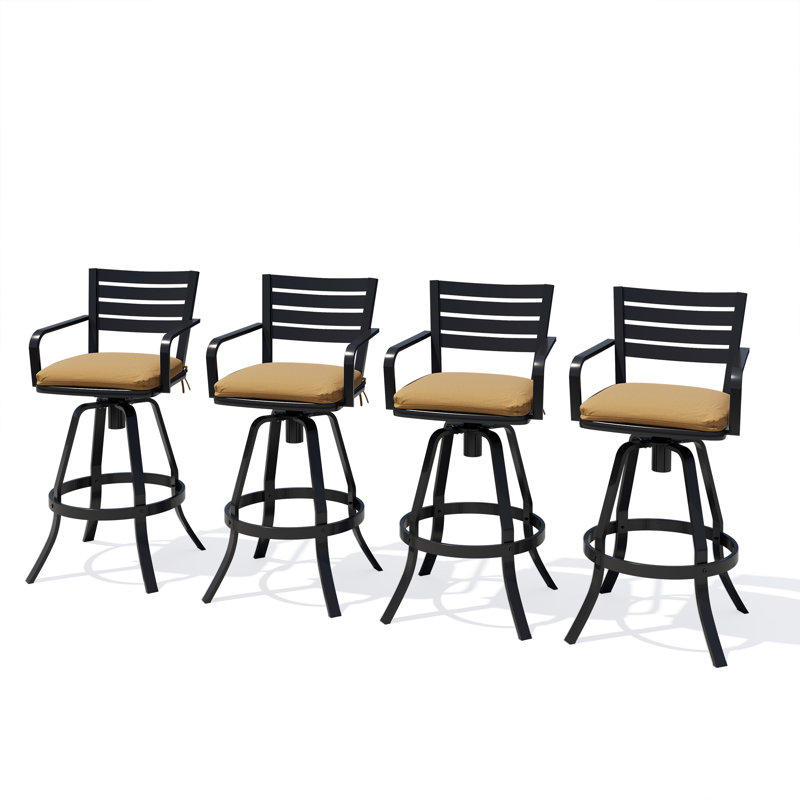 Tabouret de bar pivotant 29,57 po, structure en fonte d'aluminium et coussin Sunbrella (ensemble de 4), Teck