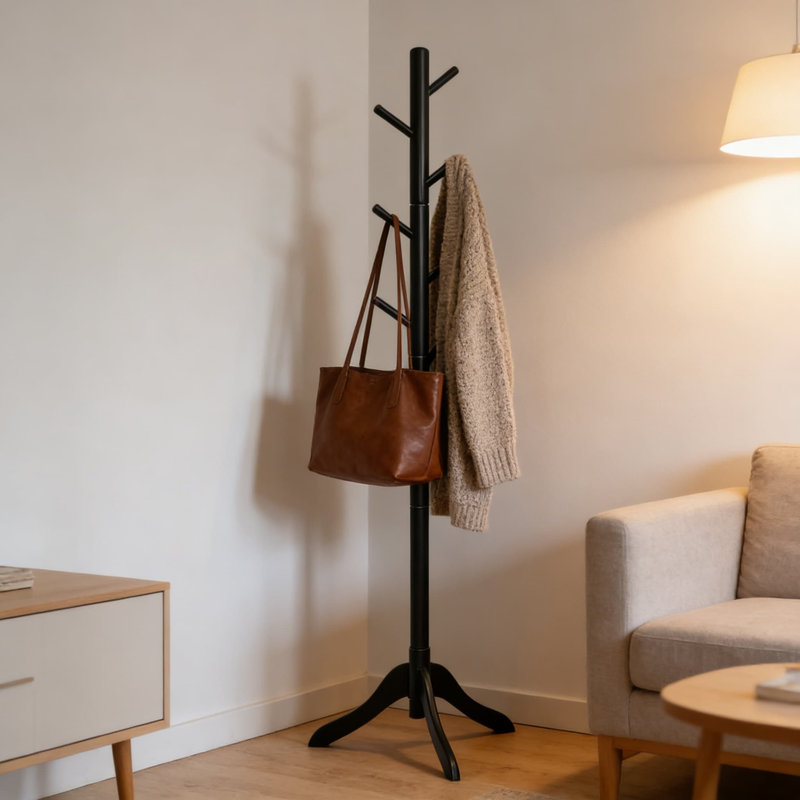Portemanteau autoportant avec 8 crochets, hauteur réglable, fabrication en bois d'hévéa robuste et base stable à trois pieds pour le vestibule, le couloir, le bureau ou la chambre à coucher