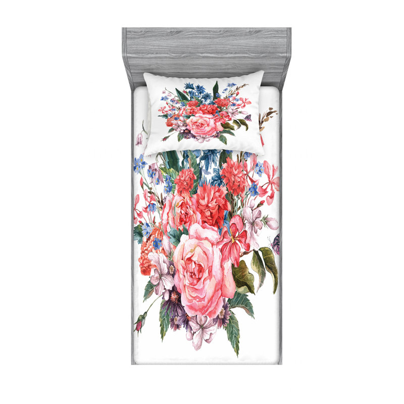 Microfiber Floral Sheet Set, Twin Sheet Set with 1 Pillowcase