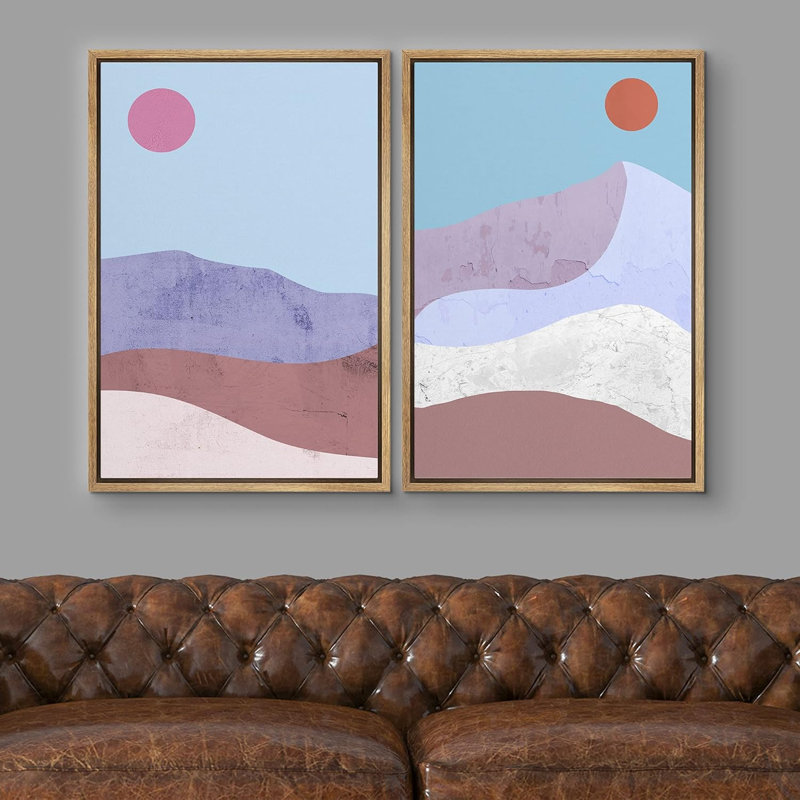 Soleil et lune, soleil mauve, désert, dunes de sable, nature, géométrique minimaliste, milieu du siècle, moderne, scénique