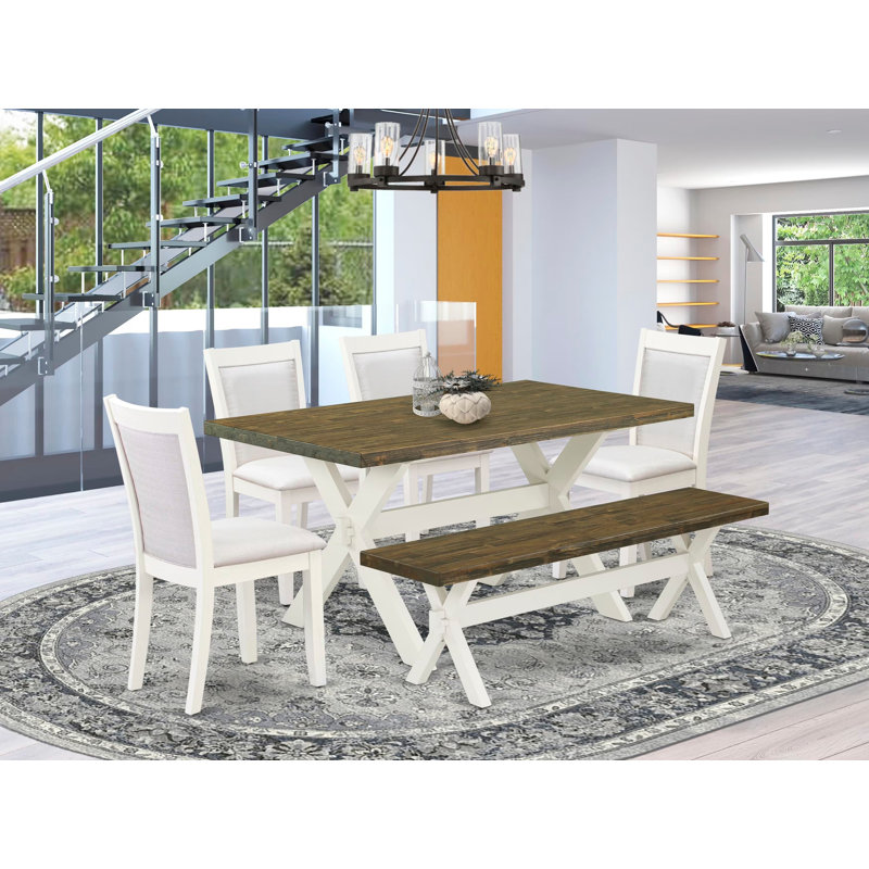 Ensemble de table de salle à manger 6 pièces comprenant une table de salle à manger rectangulaire avec pieds en X et 4 chaises Parson en tissu crème avec banc, lin brossé blanc