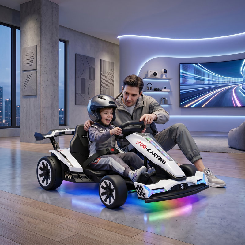 Kart électrique 24 V pour enfants avec cadre réglable, lumières RVB, 3-6,5 mi / h, Blanc