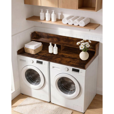 Tablette à linge robuste en bois sur la laveuse et la sécheuse - Table de rangement 54 po x 27,5 po avec rails latéraux de 12 po, patins antidérapants, rangement de ferme pour plier les vêtements