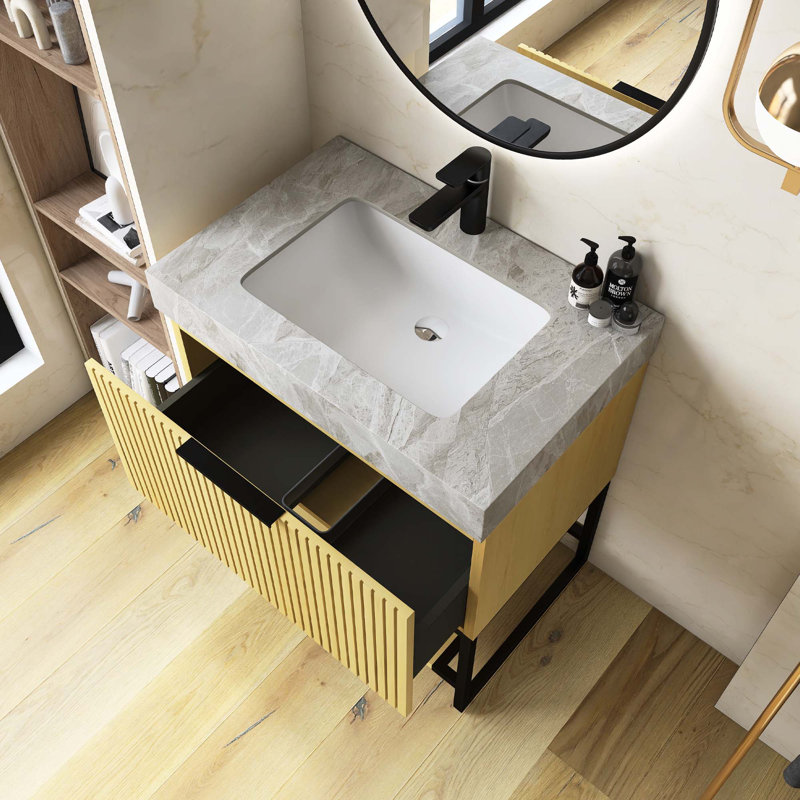 Meuble-lavabo autoportant en contreplaqué rayé pré-assemblé avec lavabo, tiroir et tablette ouverte, Doré, 30", Pierre grise
