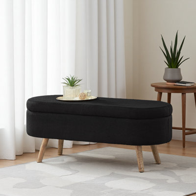 Luxury Oval Boucle Storage Ottoman Bench With Wood Legs 350Lb Weight Capacity & Safety Hinge, For Living Room