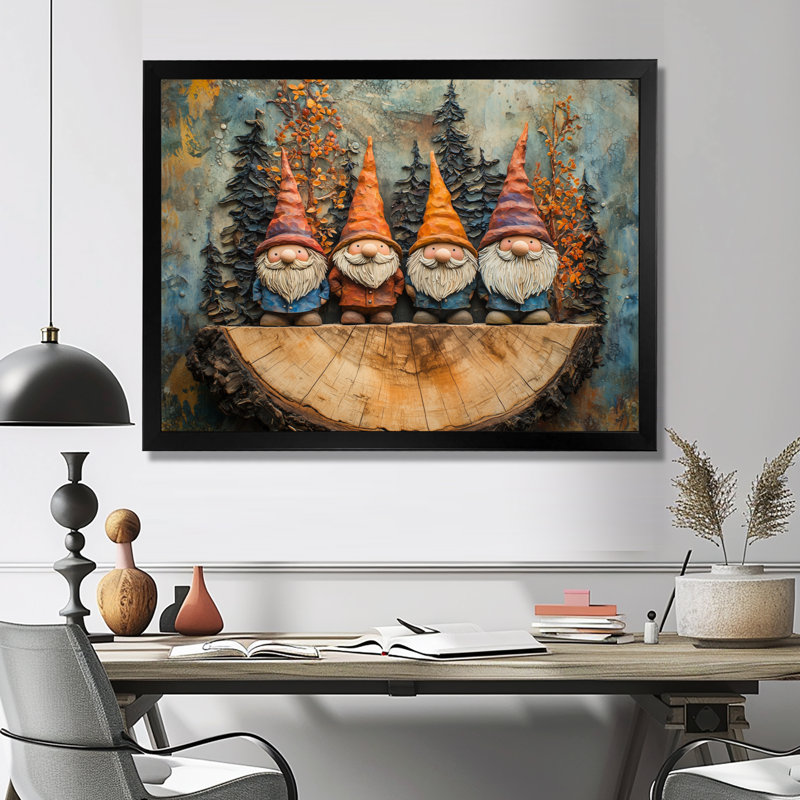 «Autumn Gnomes Family Into The Woods IV» - art mural gnome, Cadre simple, Noir, noir, noir, noir, H 12 po x l 20 po