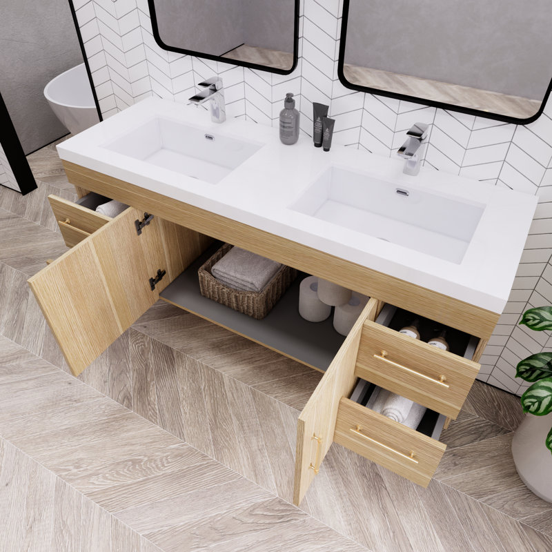 59.05'' Double Bathroom Vanity with Acrylic Top, Champagne Oak