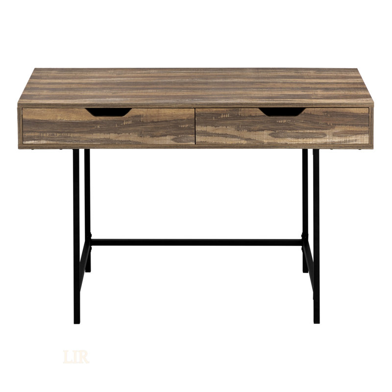 Modern Brown Laminate Computer Desk With Storage Drawers And Black Metal Frame For Home Office Work, Brown/Black