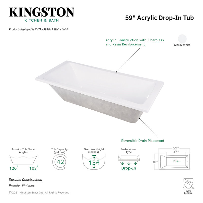 Aqua Eden 59-Inch White Acrylic Rectangular Drop-In Tub with Jets