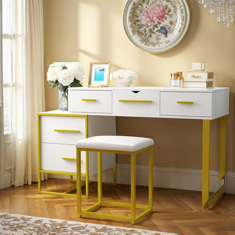Ensemble de coiffeuse compacte avec 4 tiroirs, ensemble de coiffeuse à maquillage, Blanc