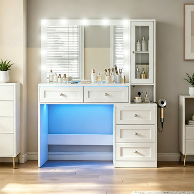Coiffeuse de 109 cm de large avec miroir et 11 lumières, coiffeuse moderne avec 5 tiroirs, 3 modes d'éclairage à luminosité réglable, prise électrique, pour chambre à coucher.