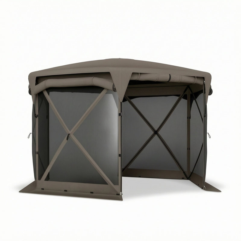 11x11ft Pop Up Gazebo Screen Tent, UPF30+ Removable Roof, 4 Roll-up Wind Panels, Carry Bag, Brown