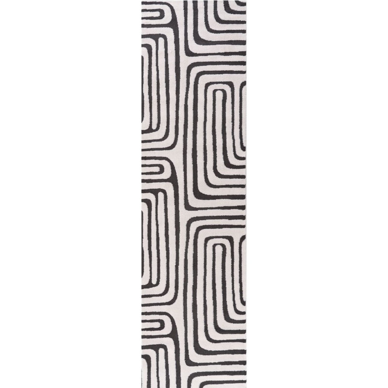 Loft Modern Curved Line Living Room Area Rug and Runner Soft Pile, Runner 80 x 300 cm, Dark Grey/Ivory