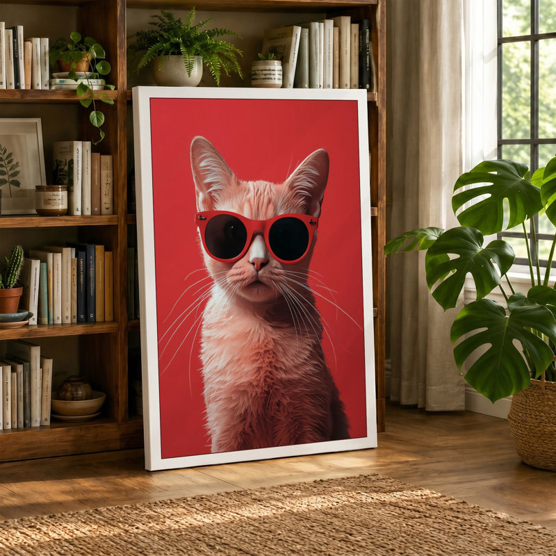 Cool Cat Sunglasses Modern - Wrapped Canvas, 36x24 - 91.4 x 61.0 cm, Terracotta Border