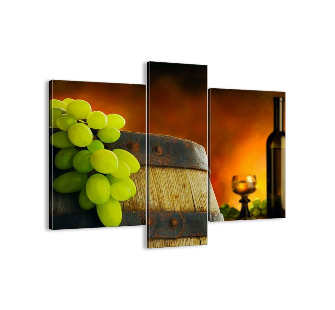 3-tlg. Leinwandbilder-Set - Grafikdruck „Still Life with a Bottle of Wine and a Bunch of Grapes”