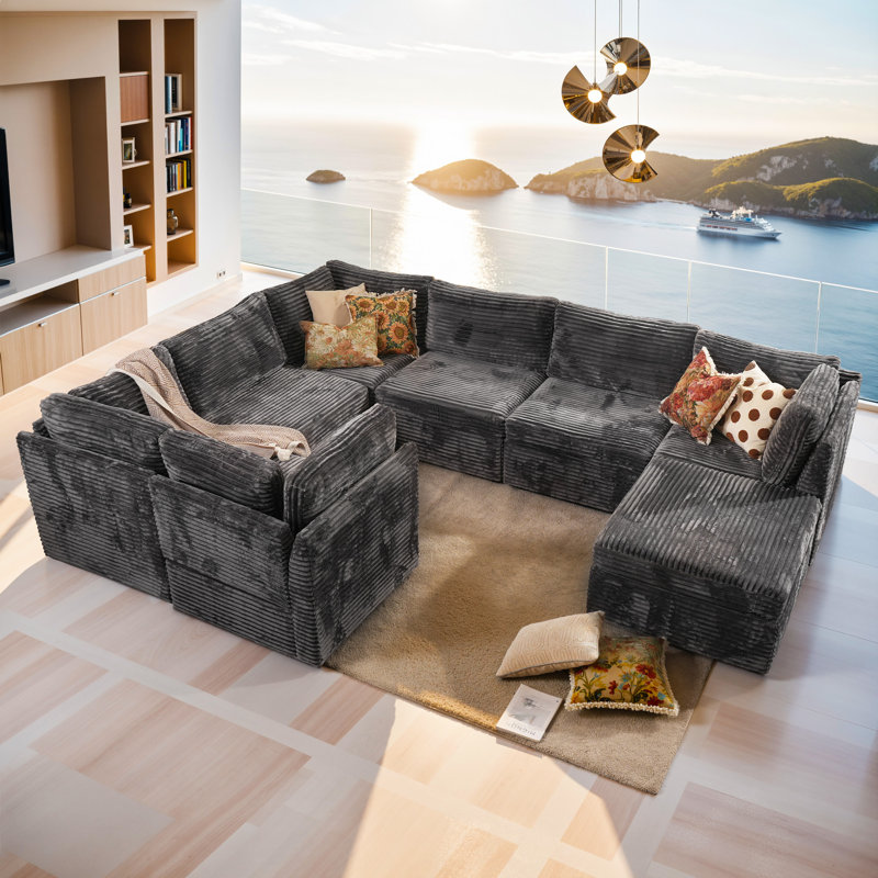 8-piece Plush Corduroy Modular Sectional Sofa With Ottoman, Comfy Deep Seat Cloud Couch, Upholstered Living Room Set