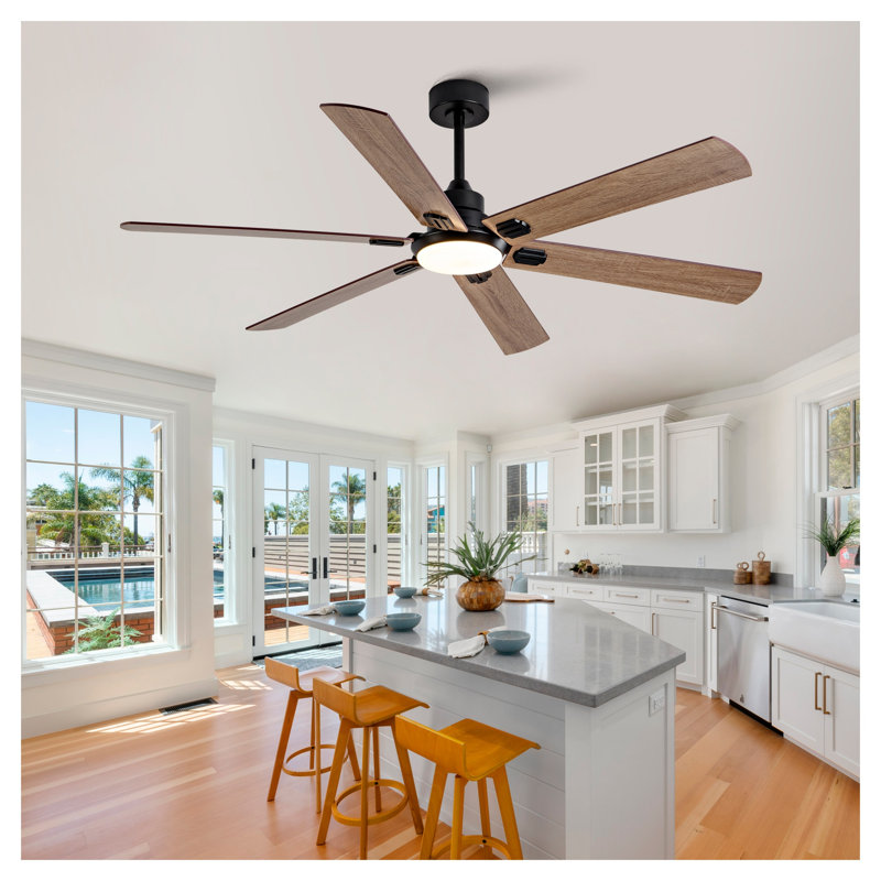 Ventilateur de plafond intérieur / extérieur intelligent de 60 po avec lumière - double finition noir / noyer 6 pales, DEL à intensité variable, moteur à courant continu silencieux et télécommande pour le salon
