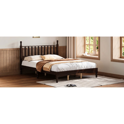 Walnut Queen Size Bed, Retro Gourd Headboard, Platform With Slats Wood Shaped Walnut, Stable