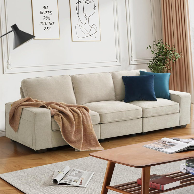 Avanthika 101" Modular Sectional Sofa Chenille Couch with Storage Space  & USB Ports For Living Room, Beige