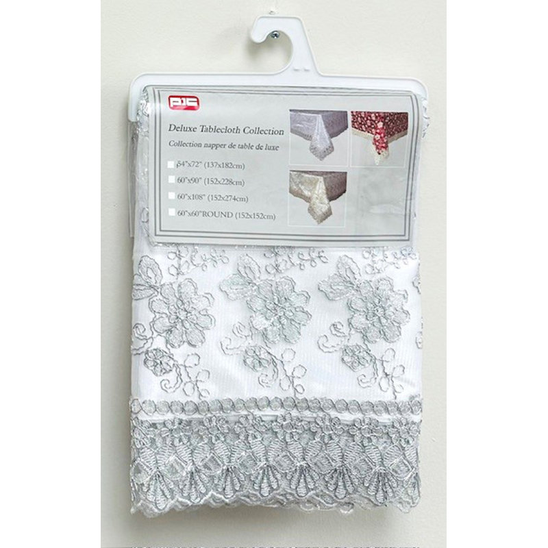 (60 x 90 po) Nappe brodée - blanc / argent métallique, Argent, L 54 po x L 72 po