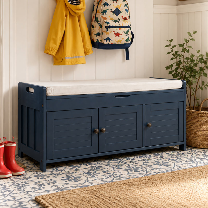 Banc de rangement rembourré avec armoire, Bleu marine antique