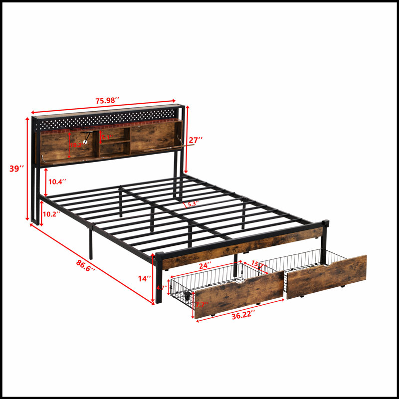 Base de lit plateforme moderne en métal avec tête de lit en bois, charge USB, tiroirs de rangement et lumières DEL pour un confort et une commodité accrus