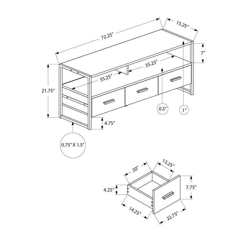 72 po, meuble télé, élégant, contemporain, centre de divertissement multimédia, stratifié bronze foncé, métal noir, sections de rangement, tiroirs, finition à structure solide, tablettes, fabrication