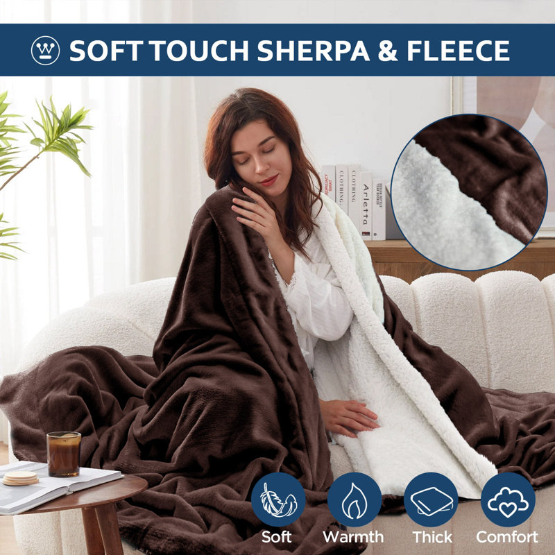 Jeté Sherpa - simple et grand lit, L 95 po x l 80 po, Brun