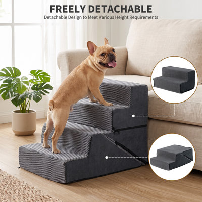 3‑in‑1 Convertible 4‑Step Pet Stairs. Multi‑Function Foam Dog Steps Ramp & Pet Bed. Soft Non‑Slip Polyester Cover.  Climbing Aid for Small Medium Dogs to Reach Beds & Sofas. Gray