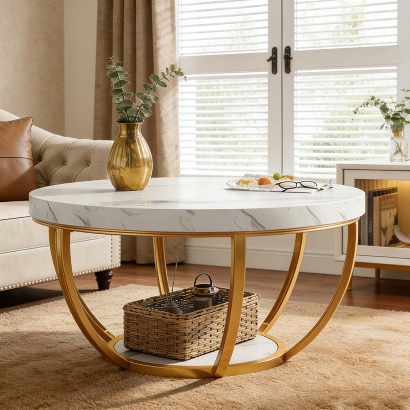 2-Tier Round Wooden Central Cocktail Table With Shelves, White & Gold