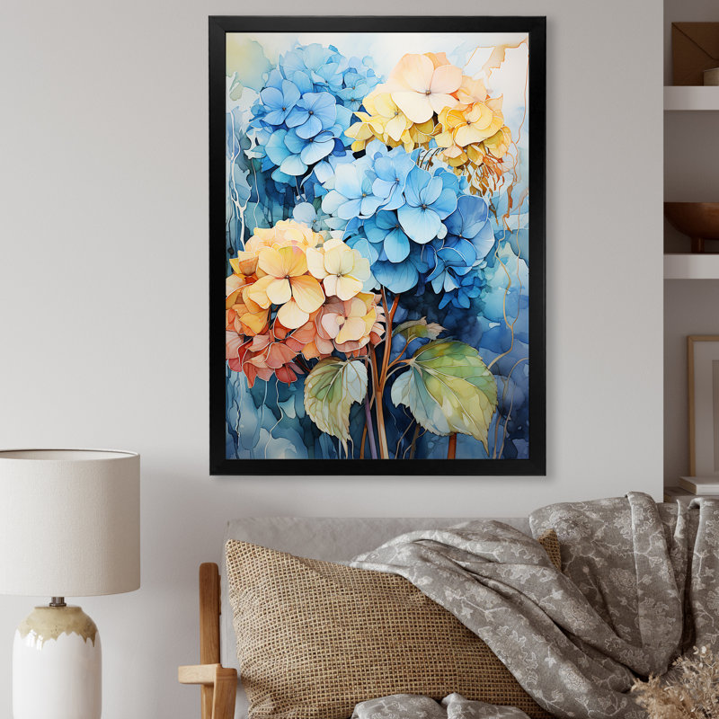 Hydrangea Blooms en bleu et jaune, reproduction sur toile, Cadre photo noir, H 32 po x l 16 po x P 1 po