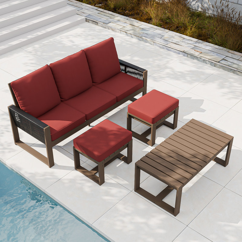 4-Piece Cedar Wood Wicker Patio Outdoor 3-Seat Sofa Seating Group with Olefin Cushions, Rectangle Coffee Table, Ottomans, Red
