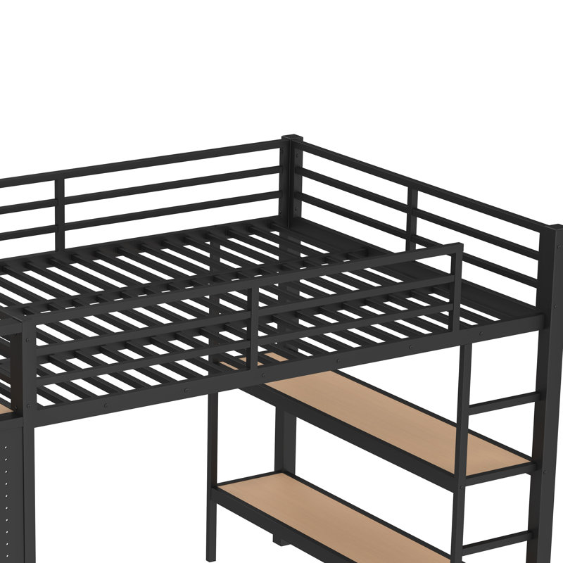 Black Metal Queen Size Loft Bed With Pegboard And Shelves, Queen