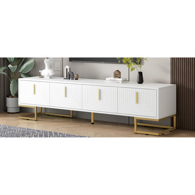 Meuble télé blanc et doré avec pieds réglables en métal, console à tablettes géométriques 80 po