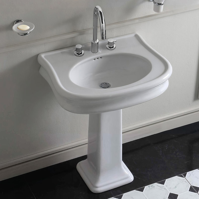 Isabella 34" White Ceramic Rectangular Pedestal Bathroom Sink with Overflow, 8" Centers