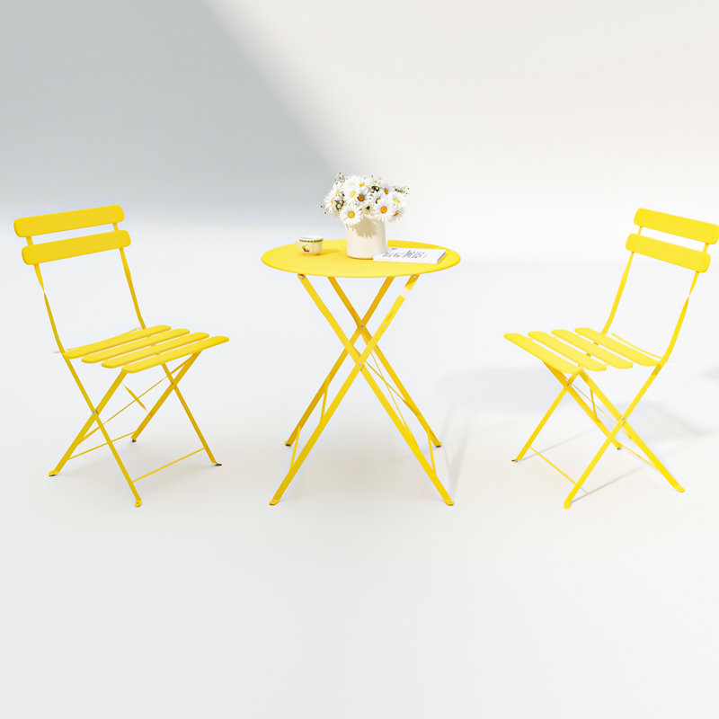 Chaise de bistro jaune 3 pièces, structure en métal avec structure en acier rouille, moderne et pliable pour optimiser l'espace, facile à nettoyer, table à coussins, finition, portabilité,