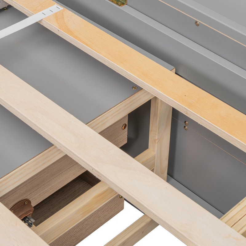 Lit double en bois de pin avec tête de lit bibliothèque, tiroirs de rangement sous le lit et étui de rangement de bout de lit, gris