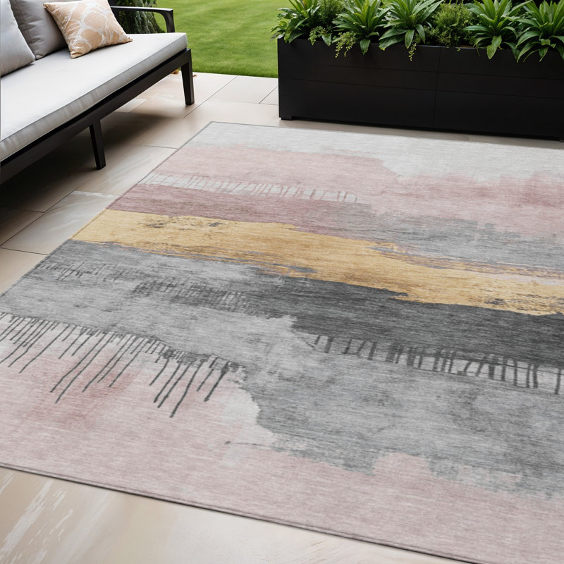 Tapis intérieur/extérieur lavable, abstrait, rose poudré et or, 152 x 244 cm