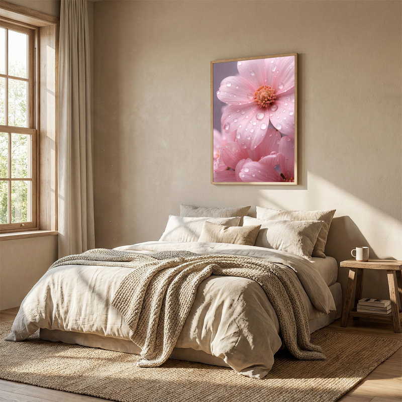 Toile rose avec gouttelettes d'eau sur pétales, H 48 po x l 32 po