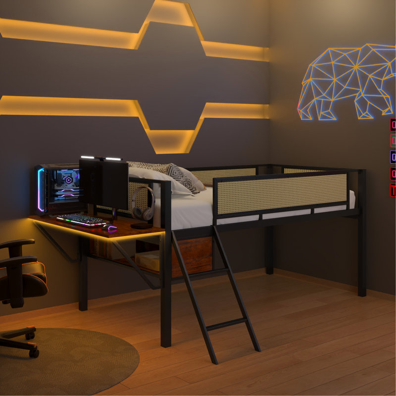 Single Metal Loft Bed With Rectangular Desk, LED Loft Bed Frame With Storage Shelves, Black/Brown