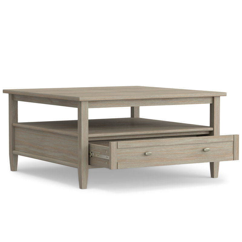 Warm Shaker 36"W Solid Wood Transitional Square Coffee Table with Large Storage Drawer and Open Shelf, Distressed Gray