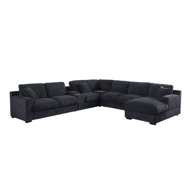 141.5" Chenille Fabric Corner Sectional Sofa With Right-Facing Chaise, Cupholders, And Charging Ports, Dark Gray Chenille