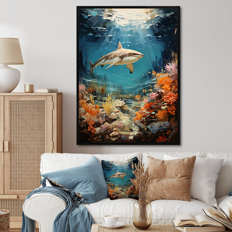 Teal Shark Coastal Creatures " Teal Shark Coastal Creatures ", Black Floater Framed, 32" H x 24" W x 1" D