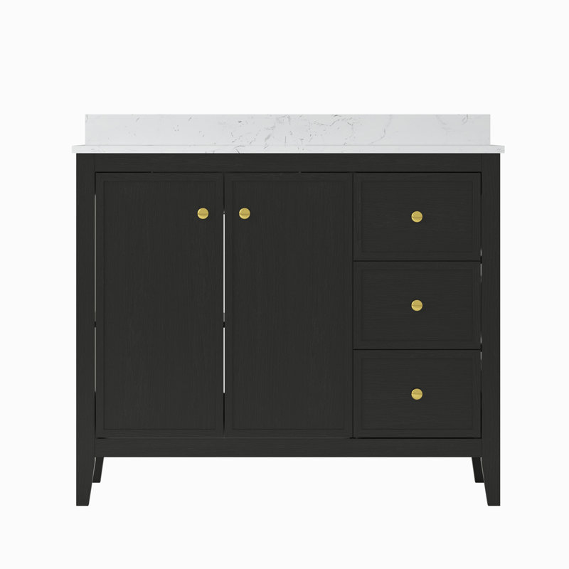Meuble-lavabo Aura 42 po entièrement assemblé, autoportant, avec comptoir et dosseret en marbre reconstitué blanc de Carrare, noir