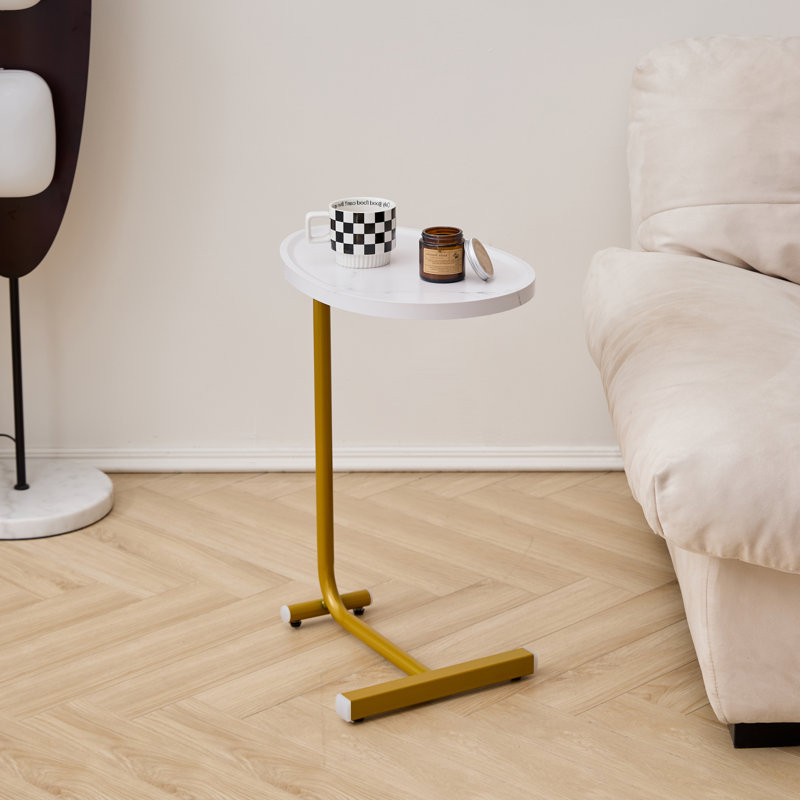 C Shaped End Table, Side Table for Couch and Bed, White Top/Gold Base
