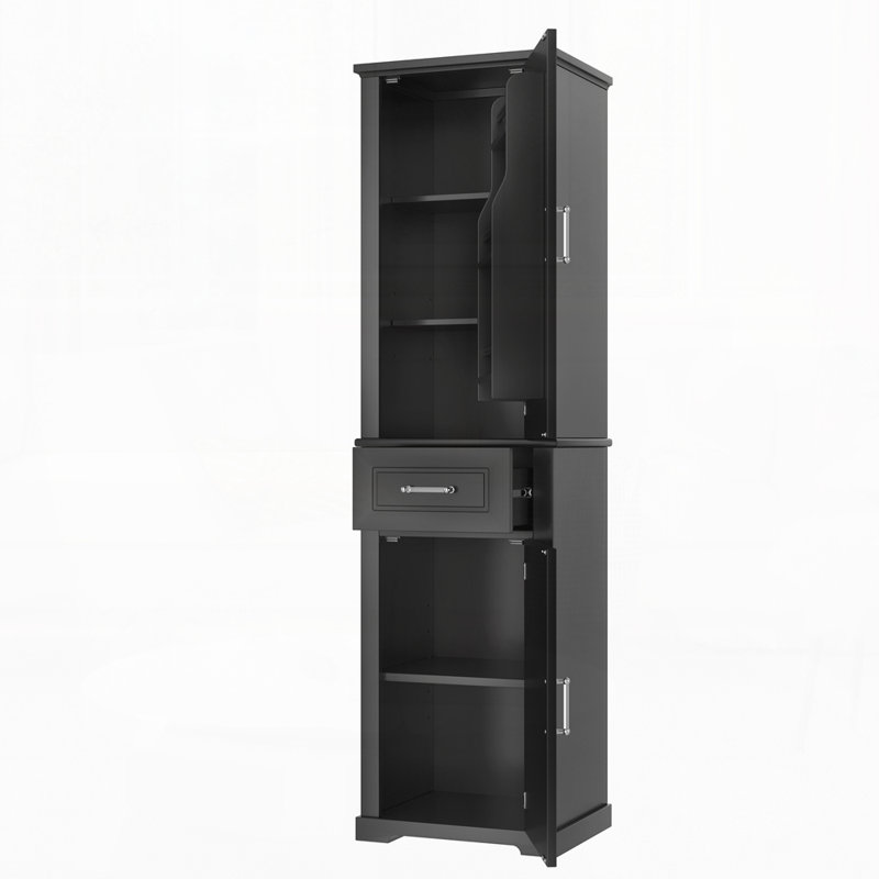 Tall Bathroom Storage Cabinet, Freestanding Storage Cabinet with Two Different Size Doors and Adjustable Shelf, Black