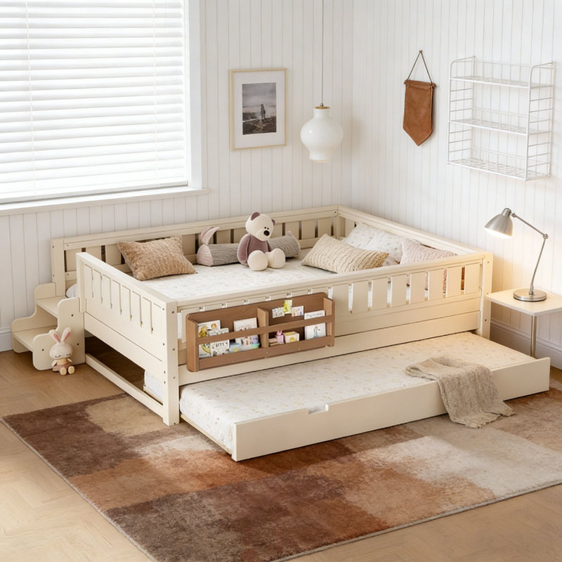 Bed with Built-in Bookshelves and Small Staircase, Grand lit, Beige